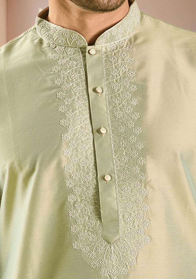 Sea Green Embroidered Silk Blend Kurta Set For Men - Indya