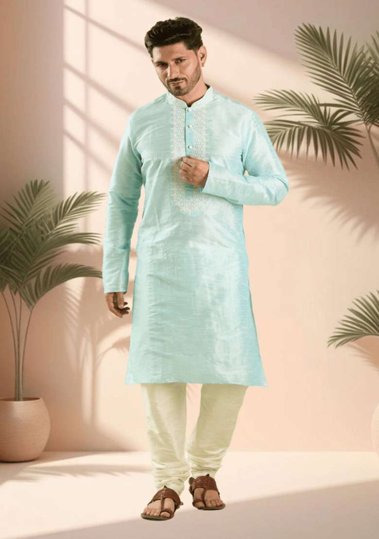 Sky Blue Embroidered Silk Blend Kurta Set For Men - Indya