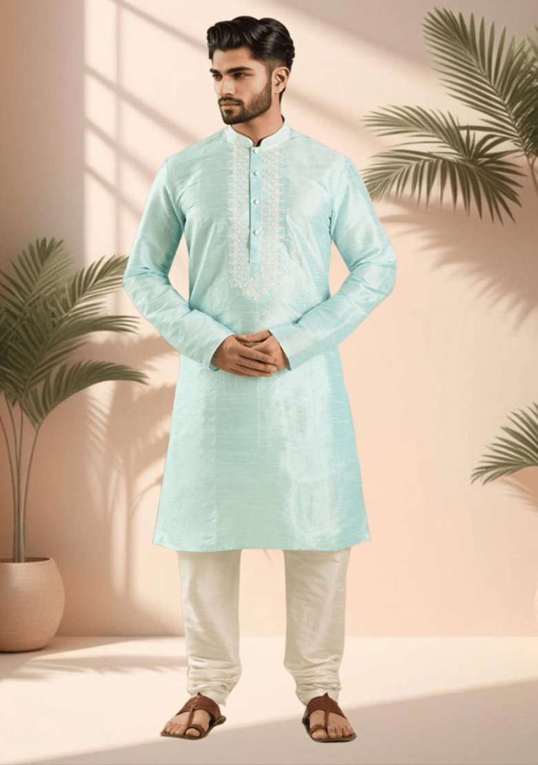 Sky Blue Embroidered Silk Blend Kurta Set For Men - Indya