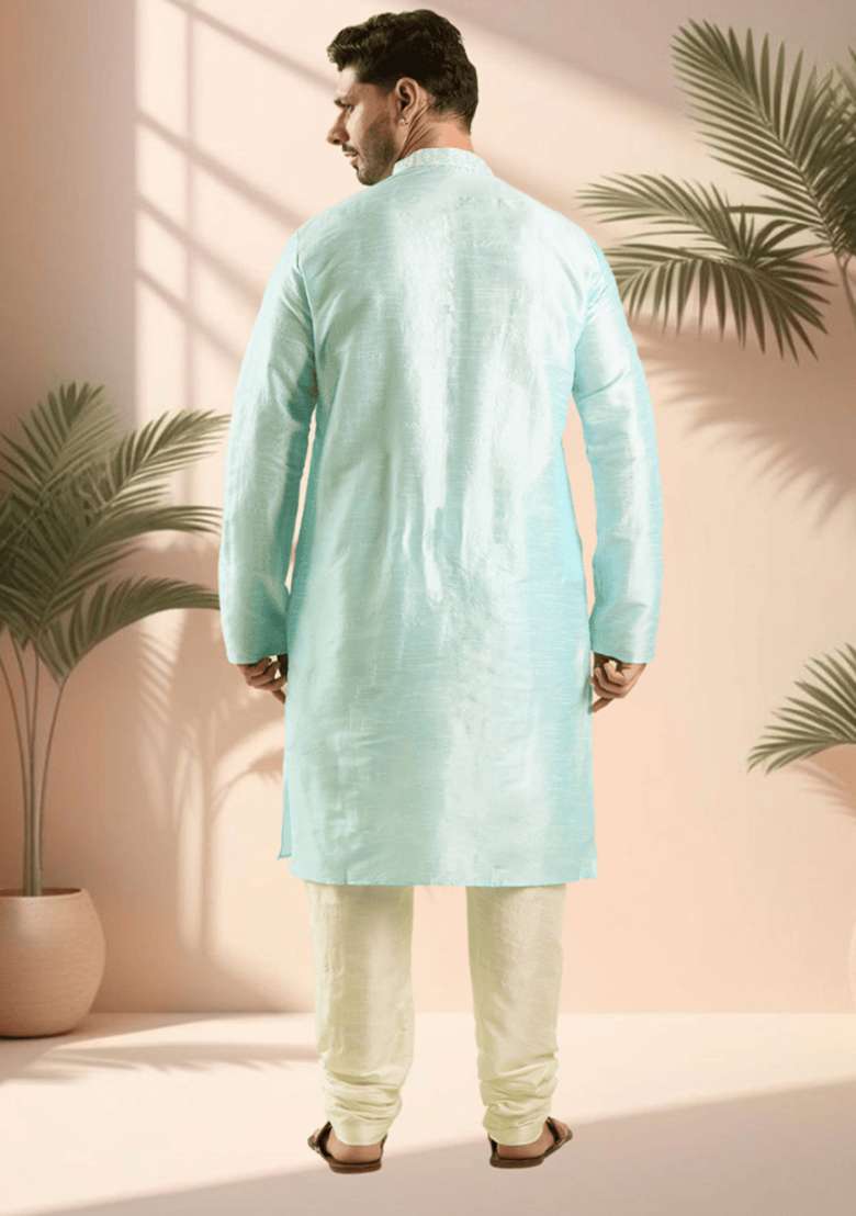 Sky Blue Embroidered Silk Blend Kurta Set For Men - Indya