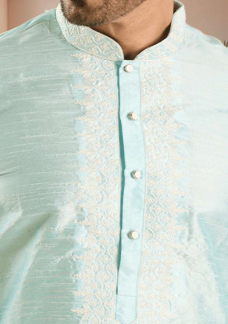 Sky Blue Embroidered Silk Blend Kurta Set For Men - Indya