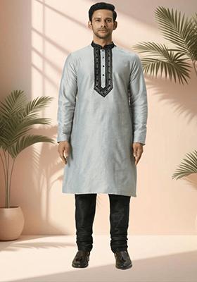 Grey Embroidered Silk Blend Kurta Set For Men