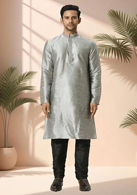 Grey Embroidered Silk Blend Kurta Set For Men