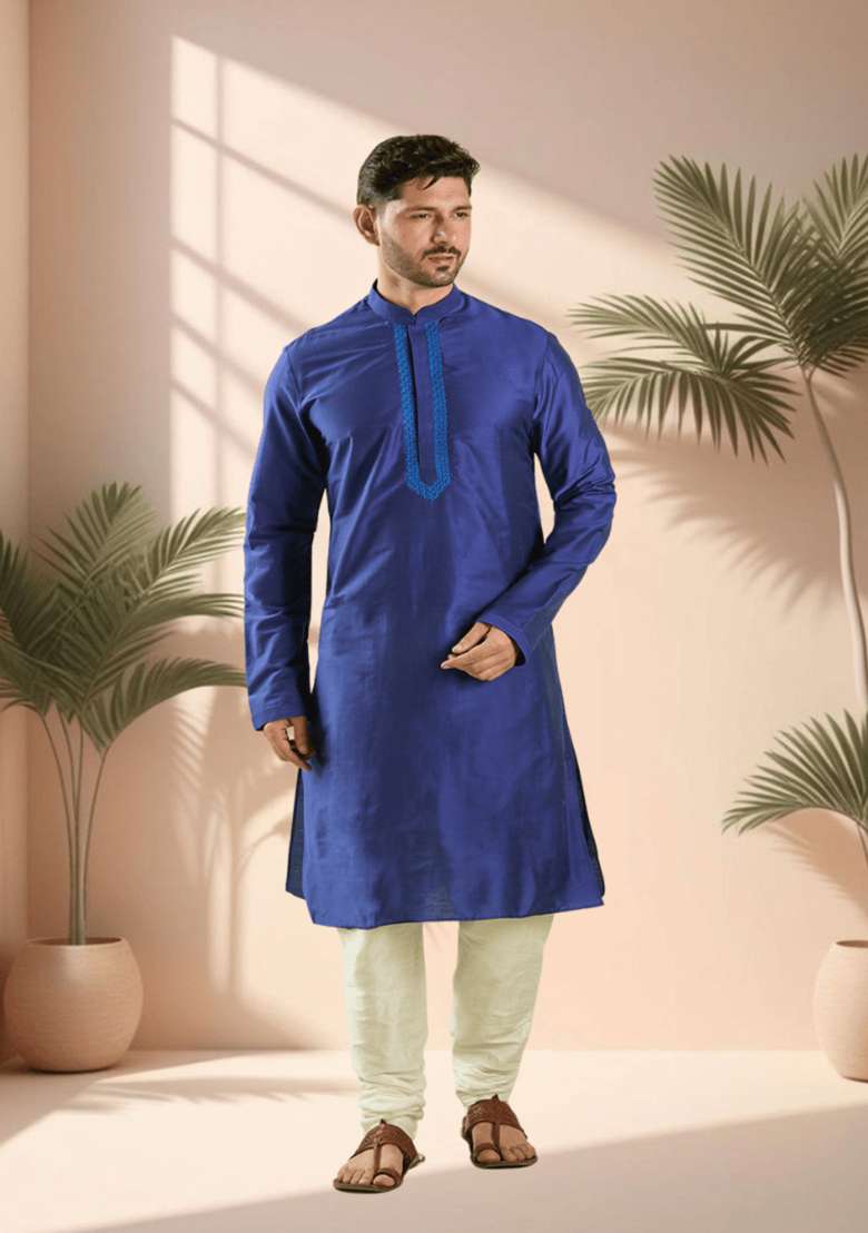 Royal Blue Embroidered Silk Blend Kurta Set For Men - Indya