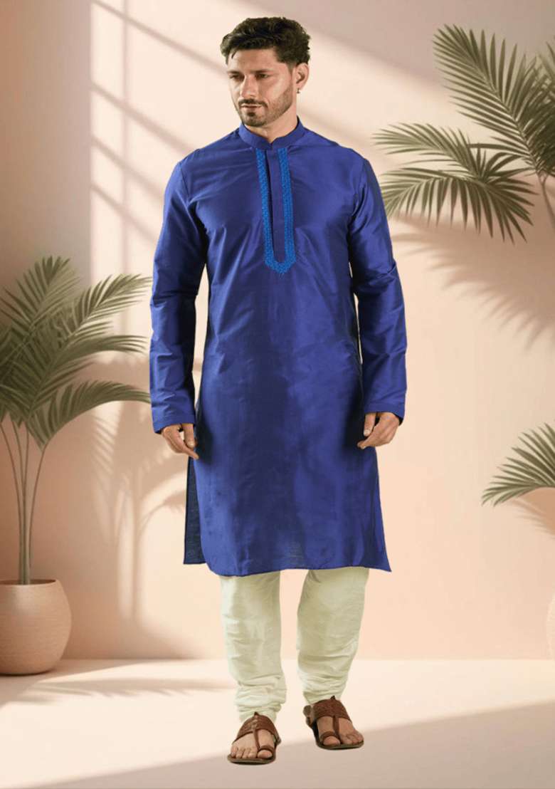 Royal Blue Embroidered Silk Blend Kurta Set For Men - Indya