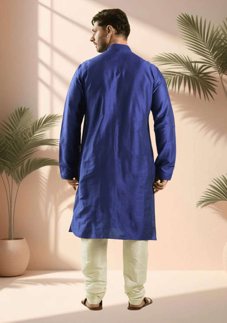 Royal Blue Embroidered Silk Blend Kurta Set For Men - Indya