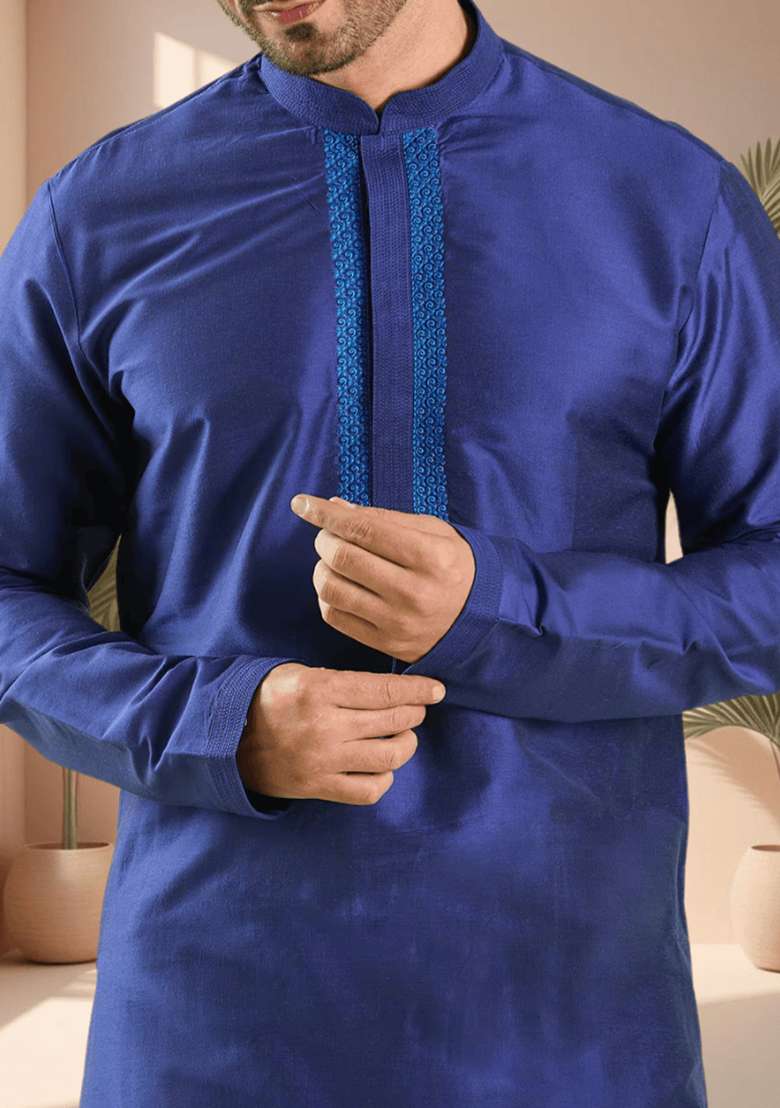 Royal Blue Embroidered Silk Blend Kurta Set For Men - Indya