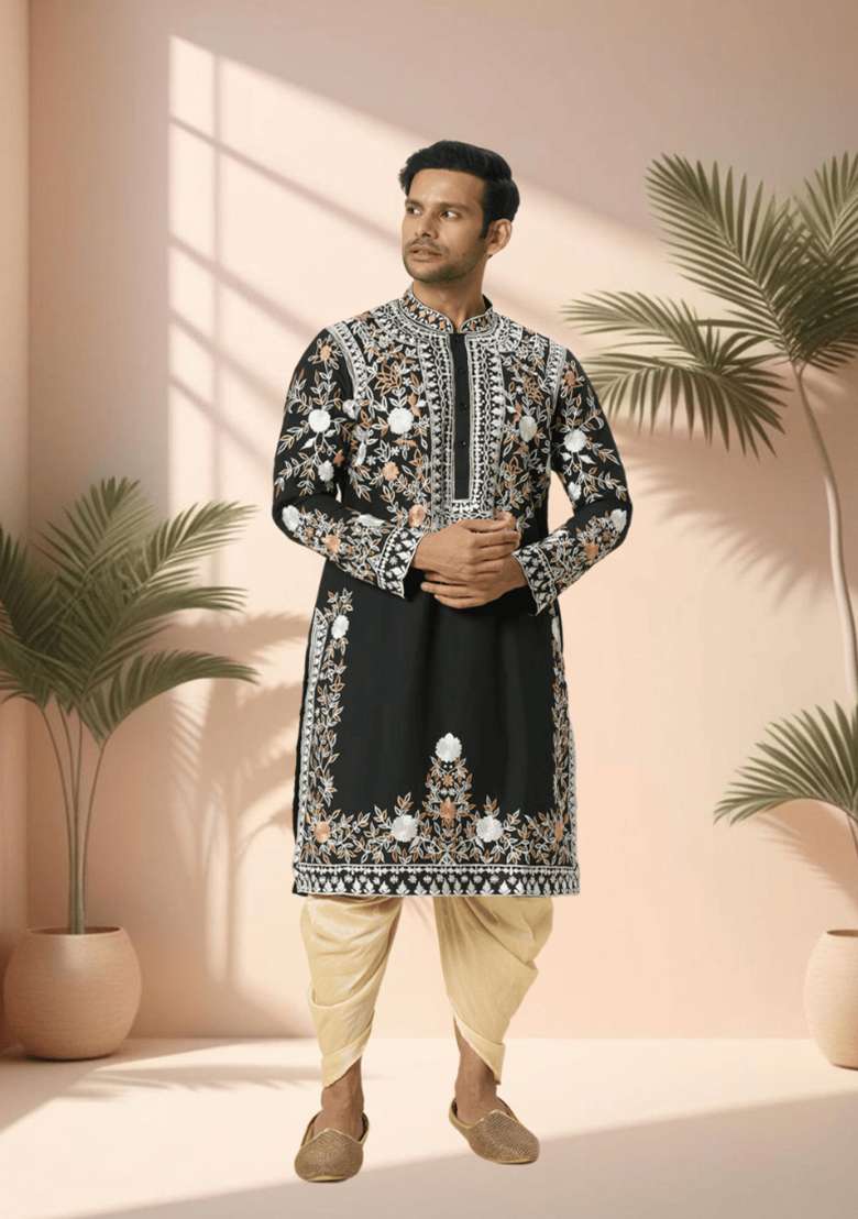Black Embroidered Silk Blend Kurta Set For Men - Indya