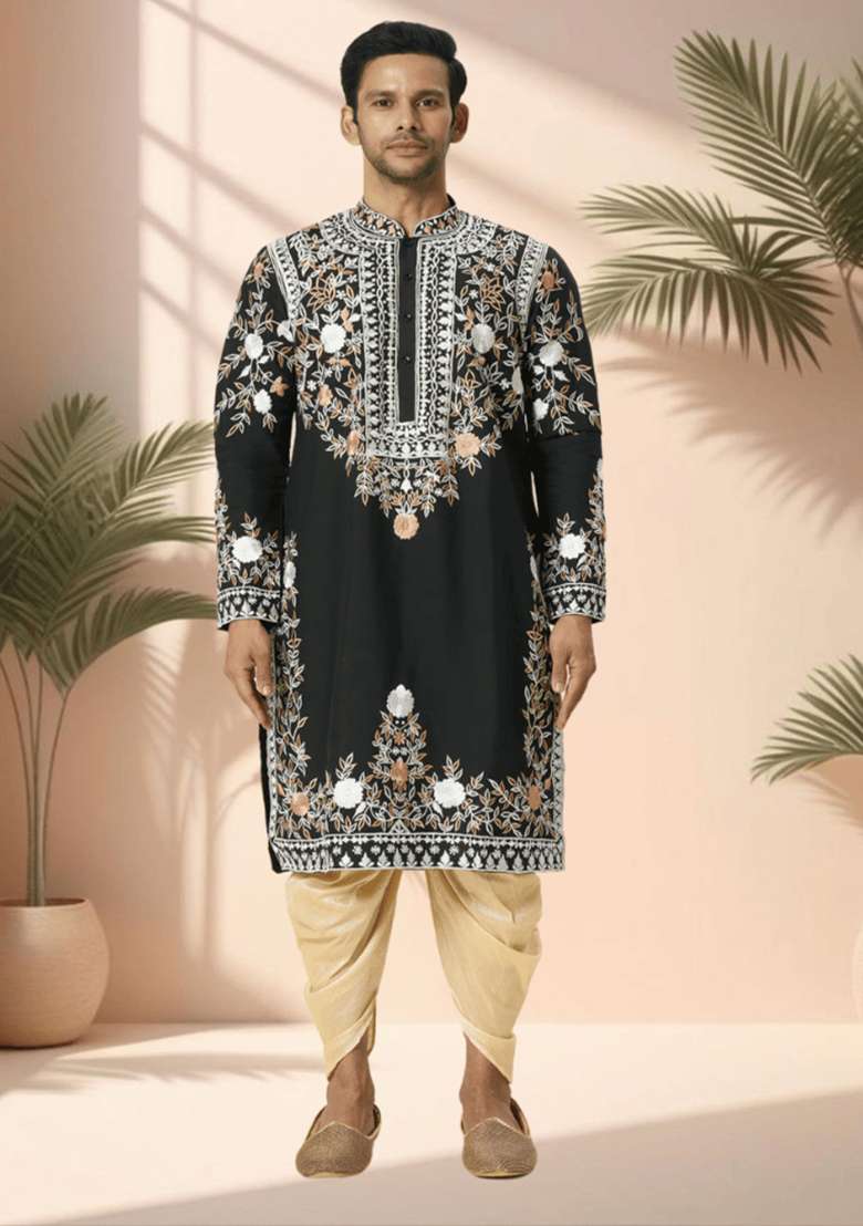 Black Embroidered Silk Blend Kurta Set For Men - Indya