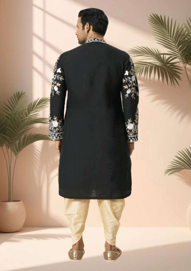 Black Embroidered Silk Blend Kurta Set For Men - Indya