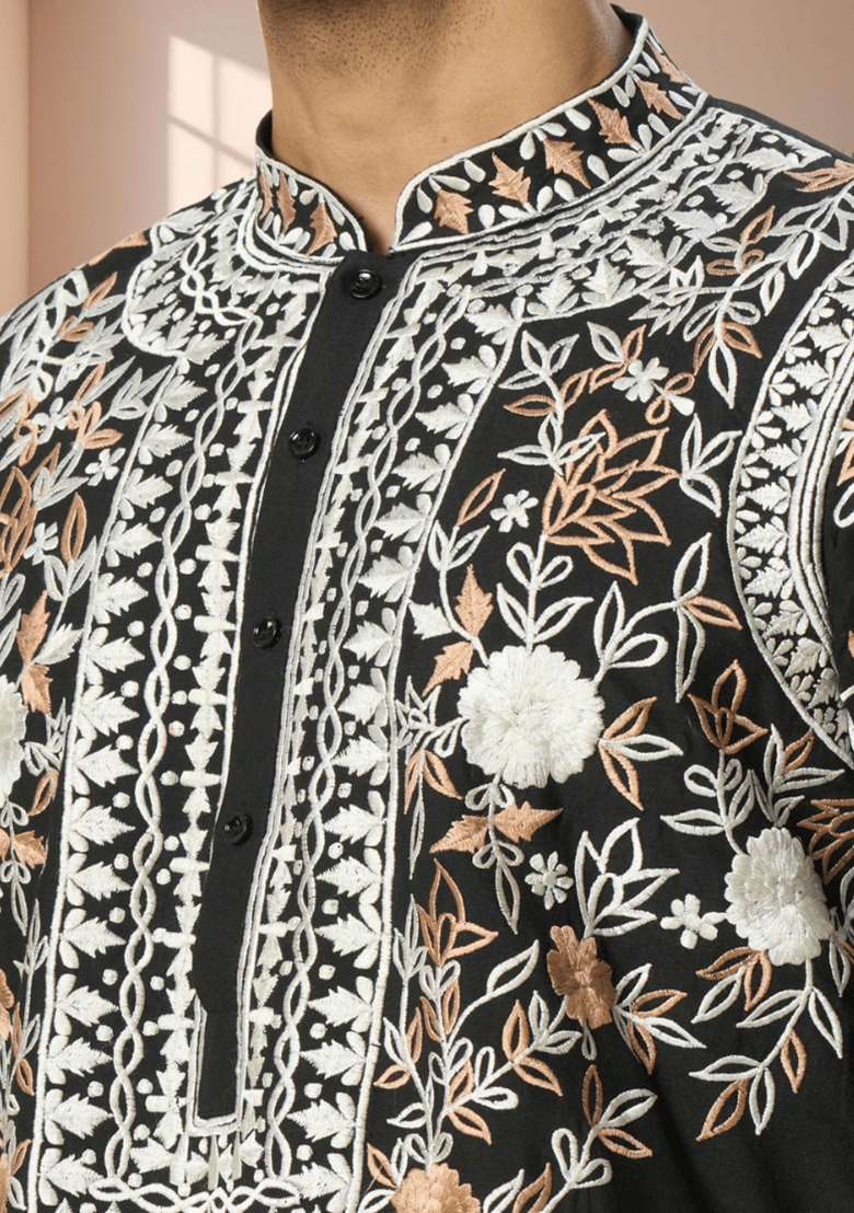 Black Embroidered Silk Blend Kurta Set For Men - Indya