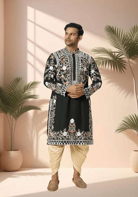Black Embroidered Silk Blend Kurta Set For Men