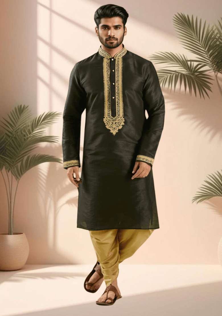Black Embroidered Silk Blend Kurta Set For Men - Indya