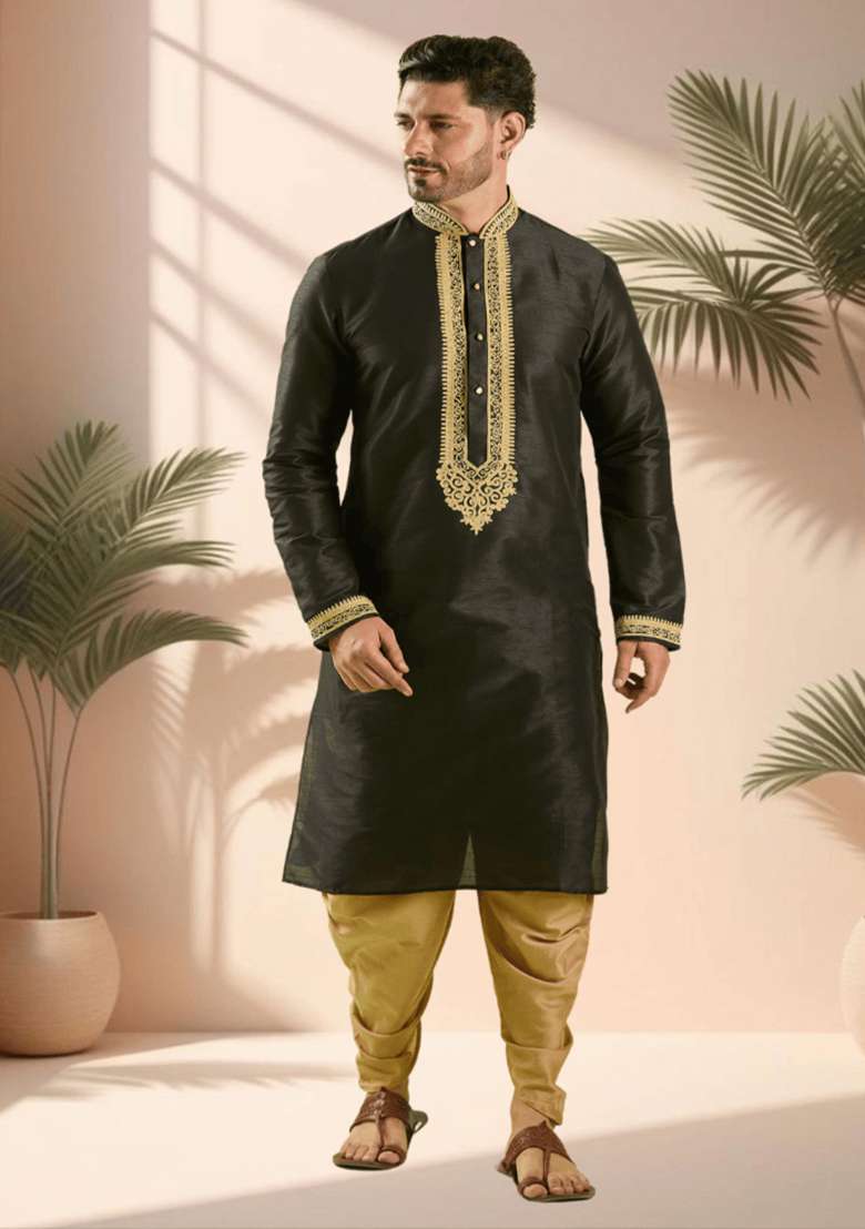 Black Embroidered Silk Blend Kurta Set For Men - Indya