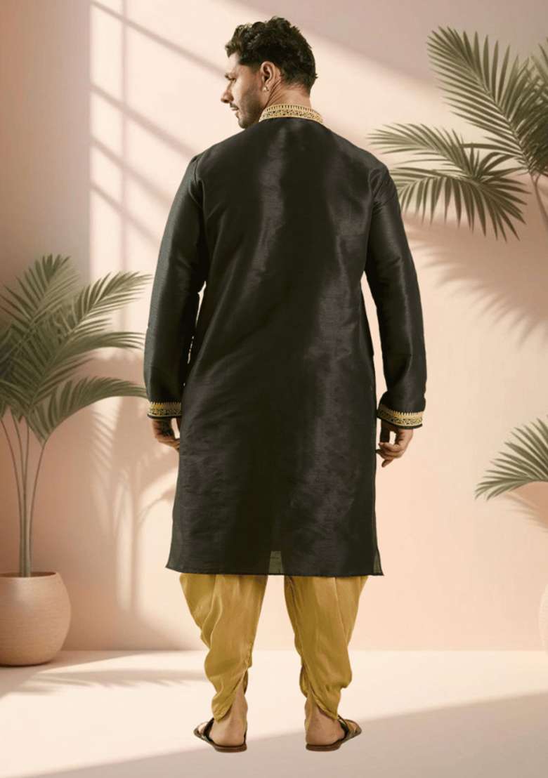 Black Embroidered Silk Blend Kurta Set For Men - Indya