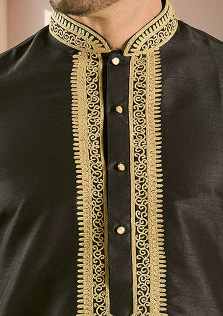 Black Embroidered Silk Blend Kurta Set For Men - Indya