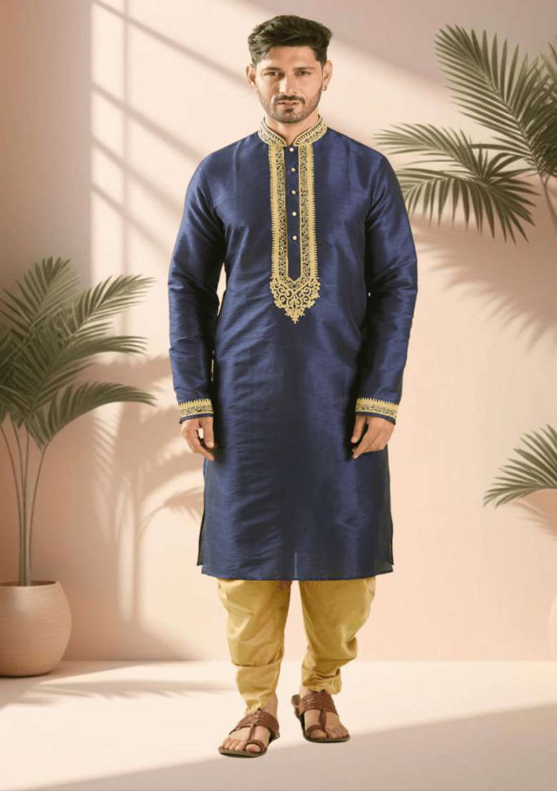 Navy Blue Embroidered Silk Blend Kurta Set For Men - Indya