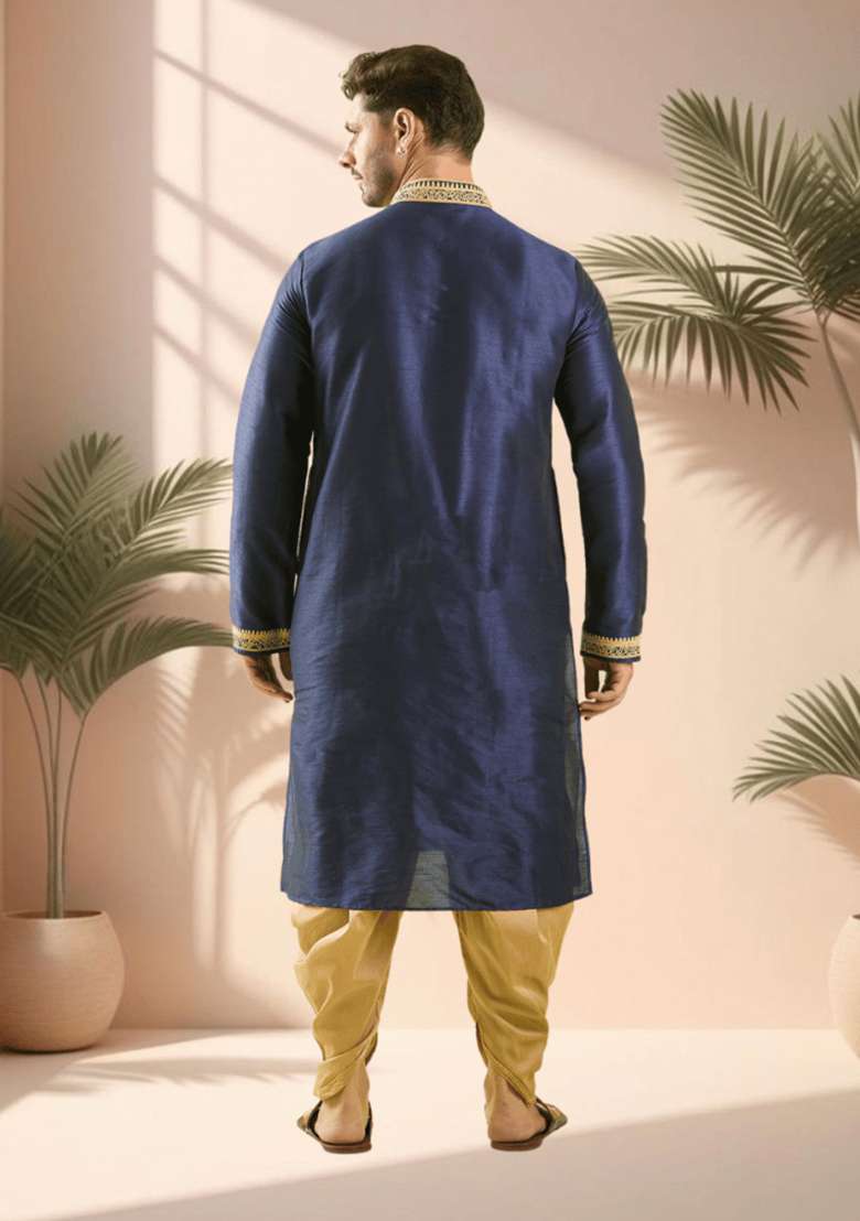 Navy Blue Embroidered Silk Blend Kurta Set For Men - Indya