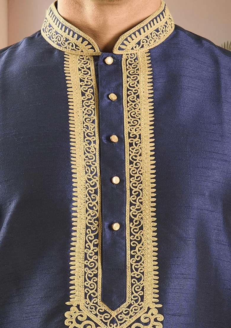 Navy Blue Embroidered Silk Blend Kurta Set For Men - Indya