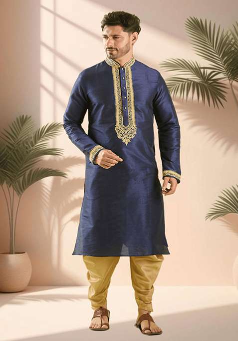 Navy Blue Embroidered Silk Blend Kurta Set For Men