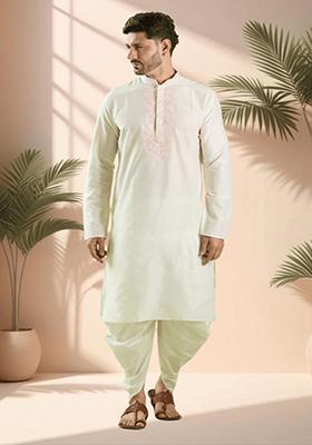Off White Embroidered Silk Kurta Set For Men