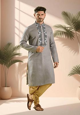 Grey Embroidered Silk Blend Kurta Set For Men