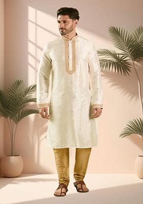Off White Embroidered Silk Blend Kurta Set For Men