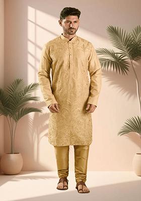 Chiku Brown Embroidered Silk Blend Kurta Set For Men