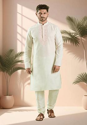 Off White Embroidered Silk Kurta Set For Men