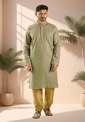 Grey Embroidered Silk Blend Kurta Set For Men