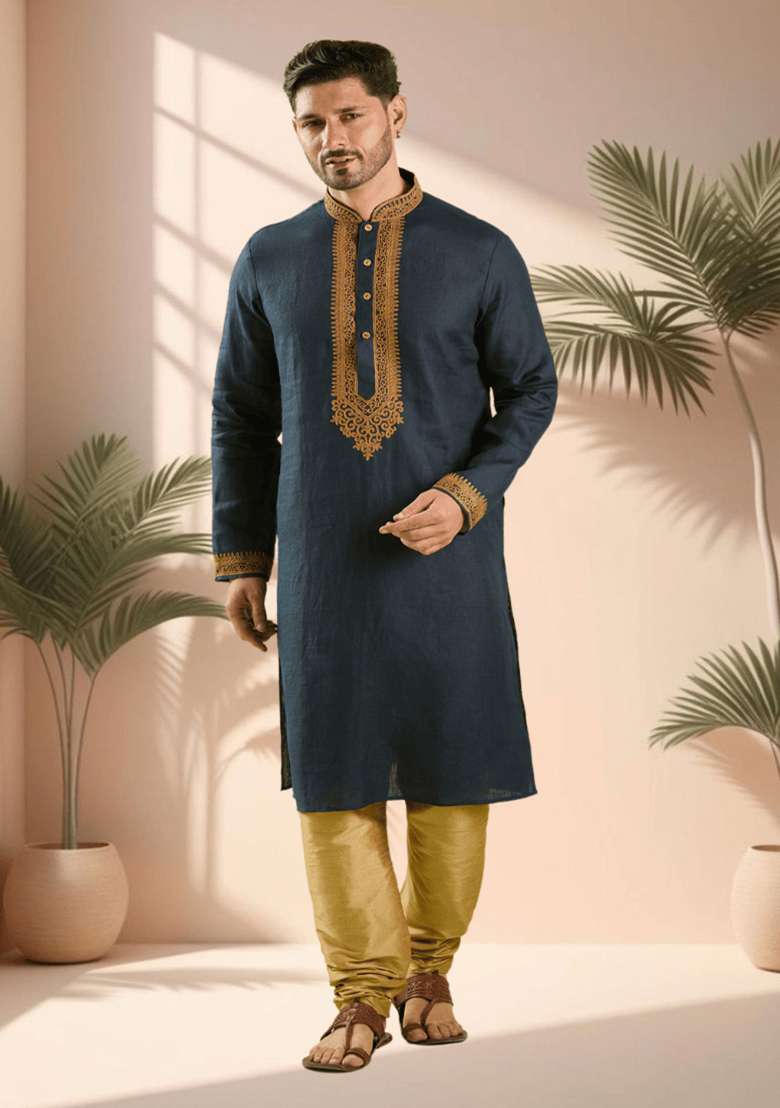 Navy Blue Embroidered Silk Blend Kurta Set For Men - Indya