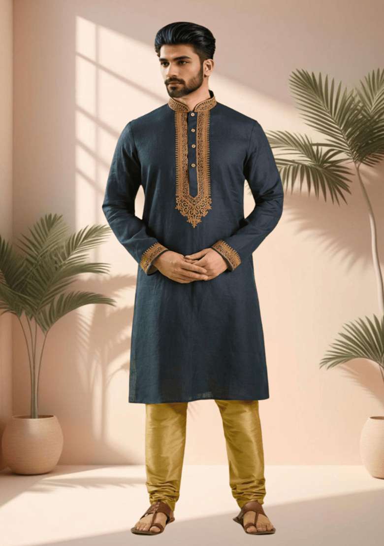 Navy Blue Embroidered Silk Blend Kurta Set For Men - Indya