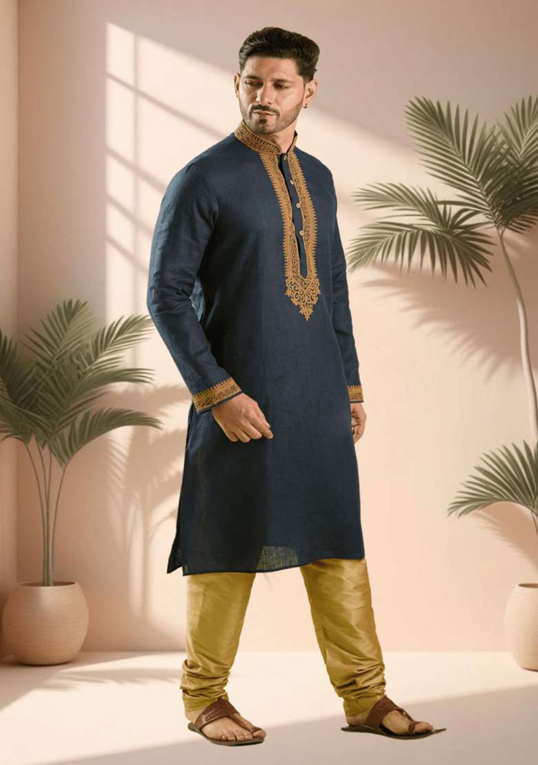 Navy Blue Embroidered Silk Blend Kurta Set For Men - Indya