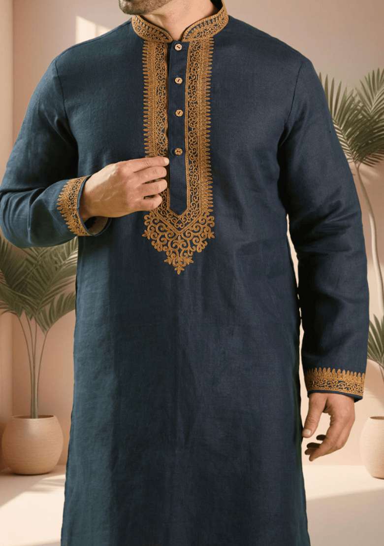 Navy Blue Embroidered Silk Blend Kurta Set For Men - Indya