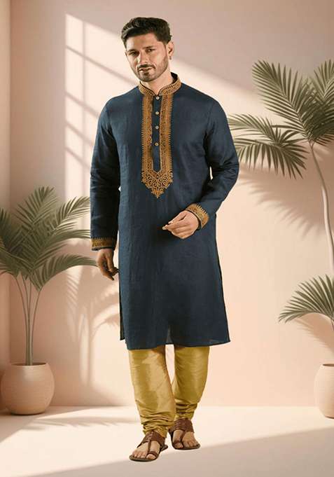 Navy Blue Embroidered Silk Blend Kurta Set For Men