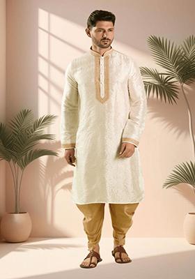 Off White Embroidered Silk Blend Kurta Set For Men