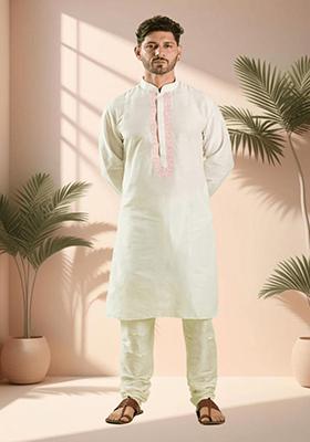 Off White Embroidered Silk Kurta Set For Men