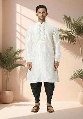 Off White Embroidered Silk Kurta Set For Men