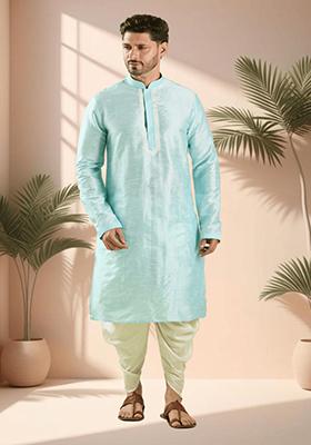 Sky Blue Embroidered Silk Kurta Set For Men