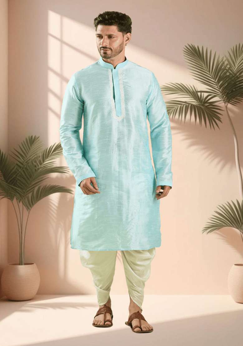 Sky Blue Embroidered Silk Blend Kurta Set For Men - Indya