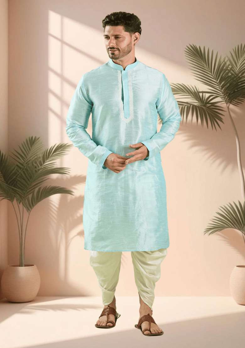 Sky Blue Embroidered Silk Blend Kurta Set For Men - Indya