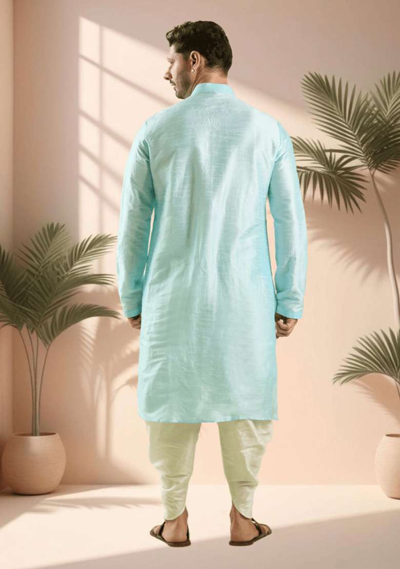 Sky Blue Embroidered Silk Blend Kurta Set For Men - Indya