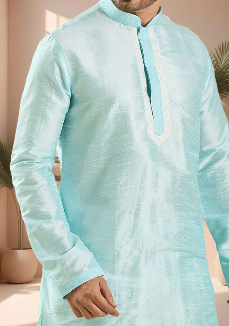 Sky Blue Embroidered Silk Blend Kurta Set For Men - Indya