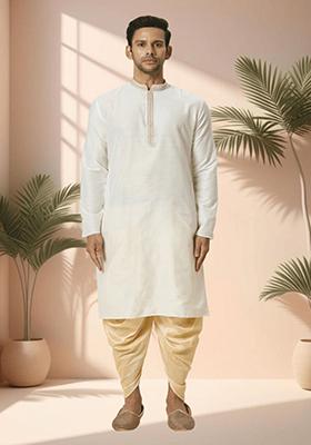 Off White Embroidered Silk Blend Kurta Set For Men