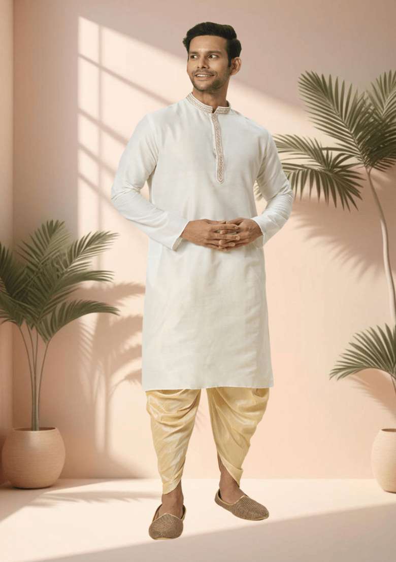 Off White Embroidered Silk Blend Kurta Set For Men - Indya