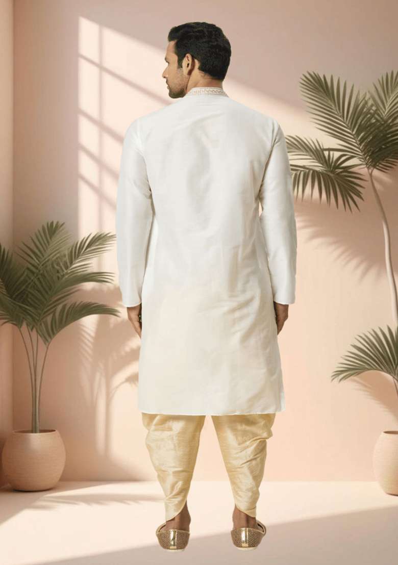 Off White Embroidered Silk Blend Kurta Set For Men - Indya