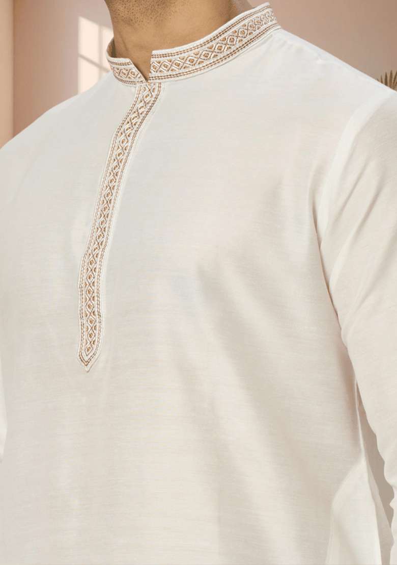 Off White Embroidered Silk Blend Kurta Set For Men - Indya