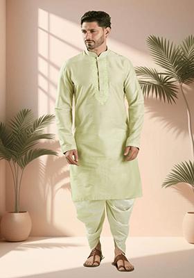Pista Green Embroidered Silk Kurta Set For Men