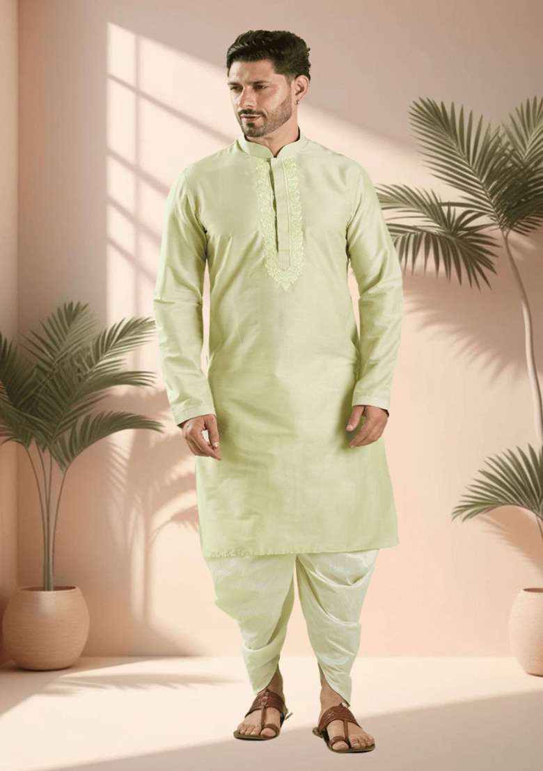 Pista Green Embroidered Silk Blend Kurta Set For Men - Indya