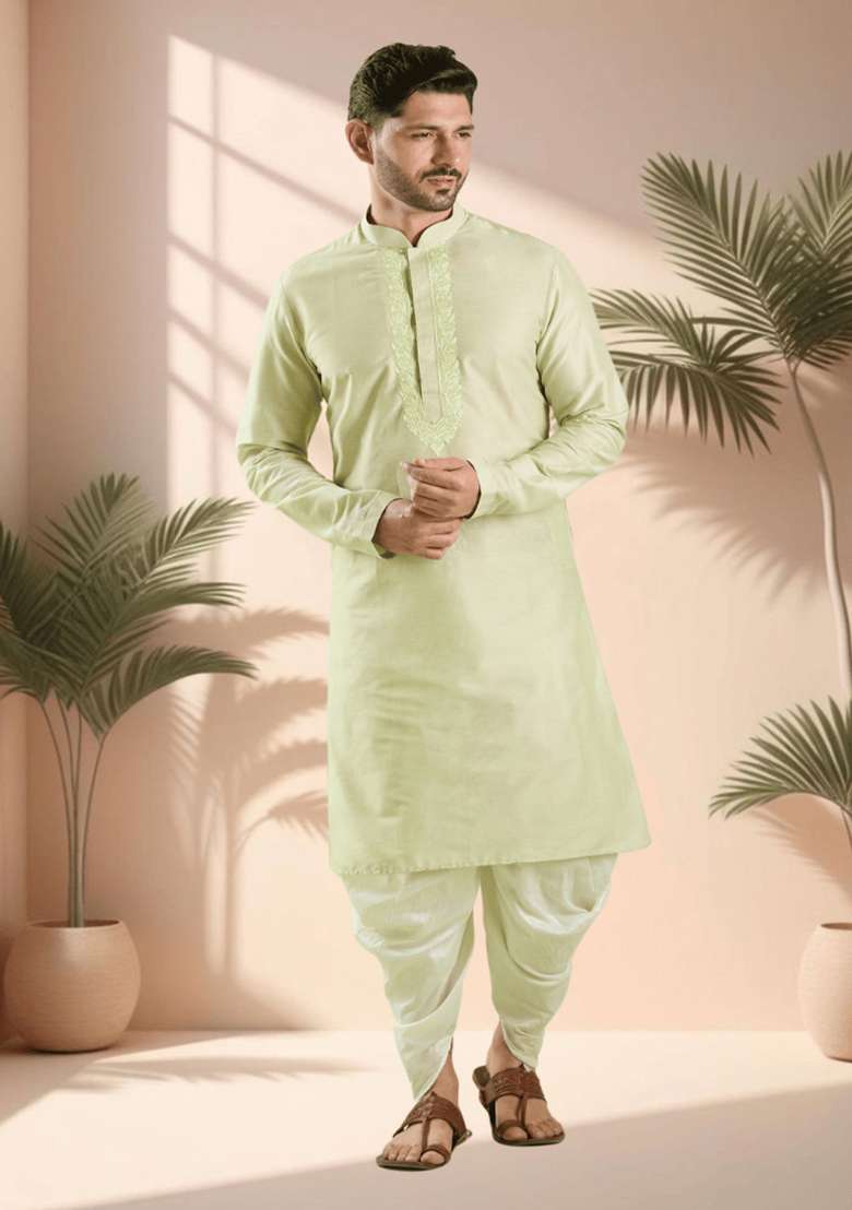Pista Green Embroidered Silk Blend Kurta Set For Men - Indya